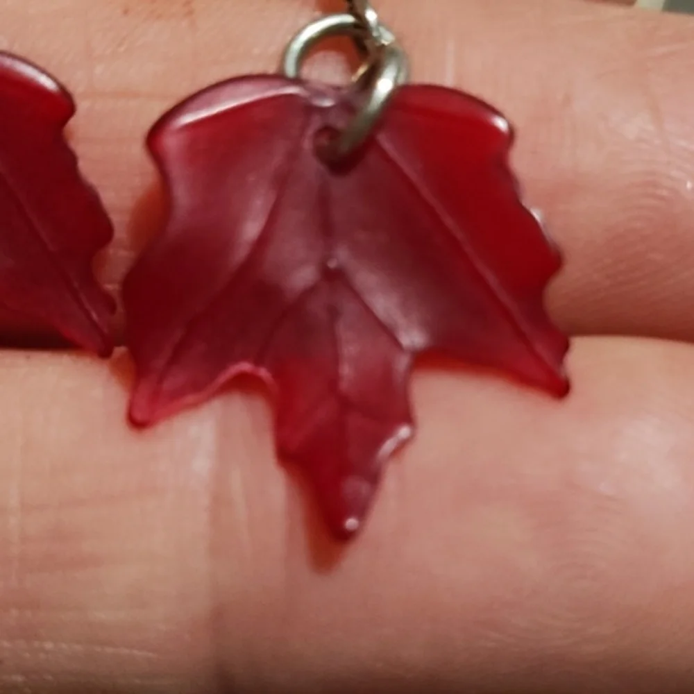 DARK RUBY RESIN MAPLE LEAVES .925 HOOK DROP DANGLE 1.5